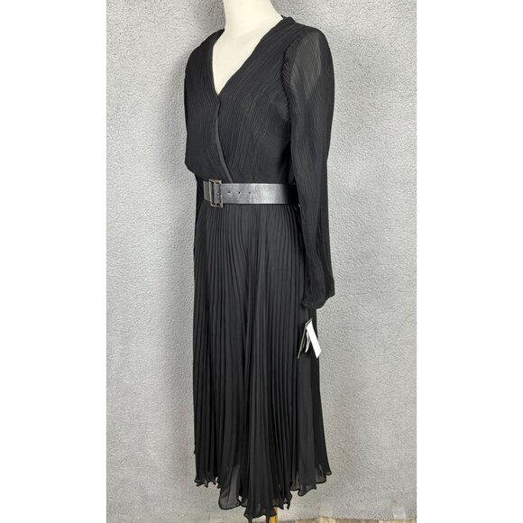 Taylor Women's Black Pleated Belted Fit & Flare Midi Chiffon Dress 12 NWT's. - Picture 5 of 8